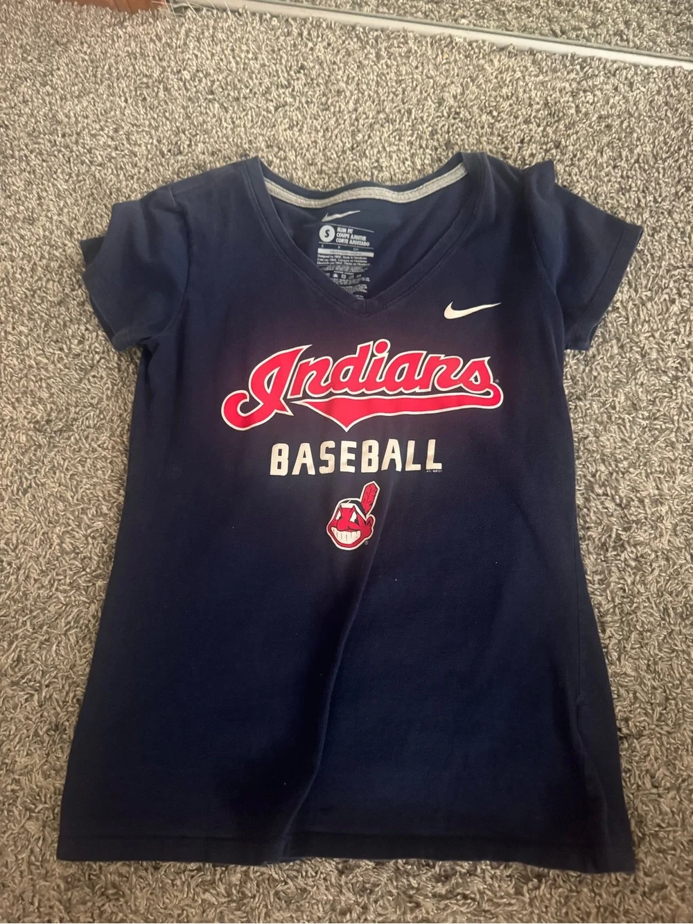 Nike Navy Cleveland Indians Baseball V-Neck Tee with Red Accents